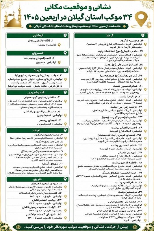 نشانی ۳۴ موکب گیلان در مسیر اربعین ۱۴۰۵ اعلام شد نشانی ۳۴ موکب گیلان در مسیر اربعین ۱۴۰۵ اعلام شد